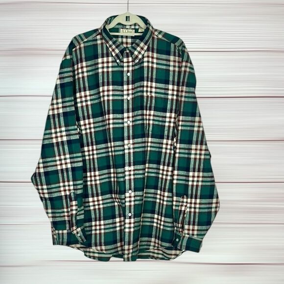 Vintage L.L. Bean Main USA Flannel Button Up Shirt Cotton Plaid Green XXL Tall - Picture 5 of 13